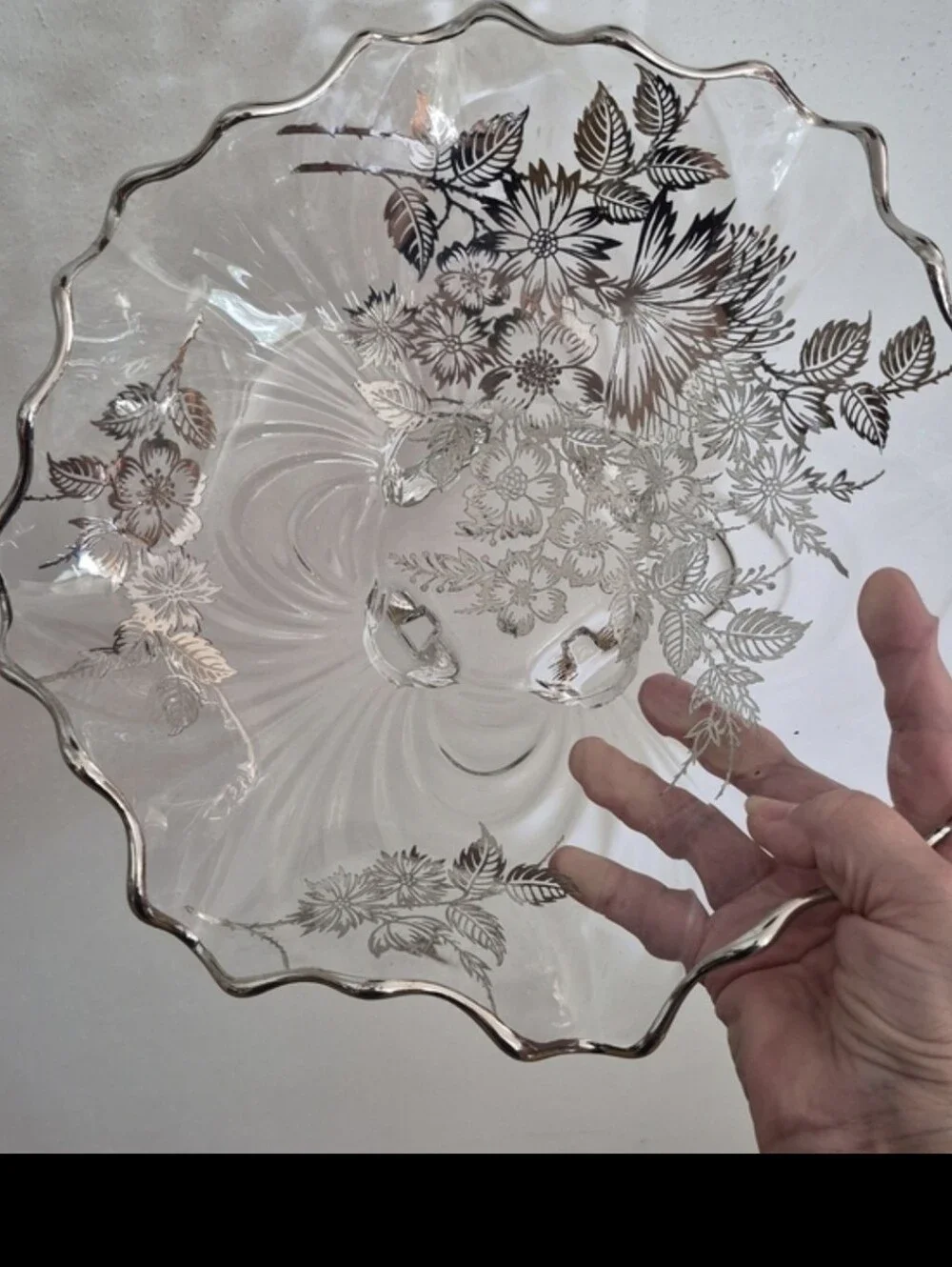 Vintage Footed Ruffled Silver Overlay Crystal Bowl Silver City Glass Flanders